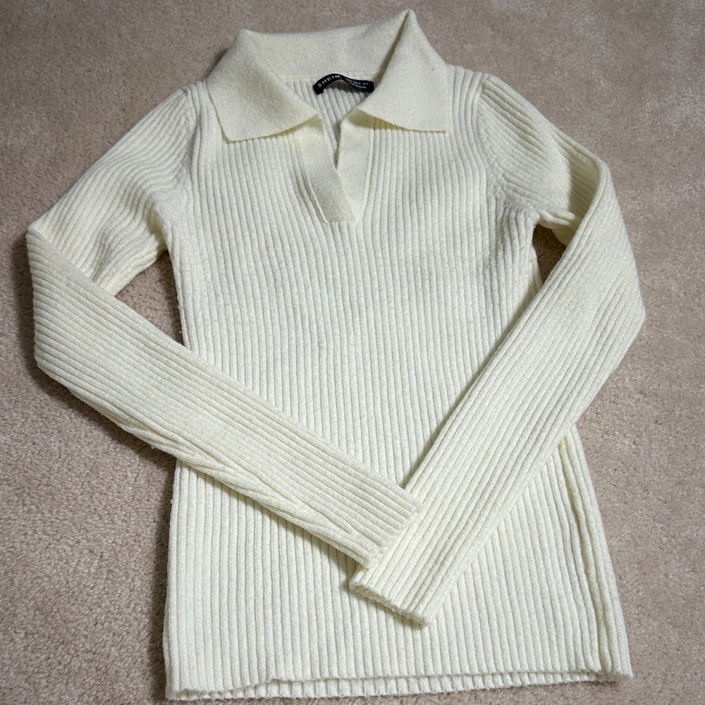 SHEIN Cream V-Neck Ribbed Sweater